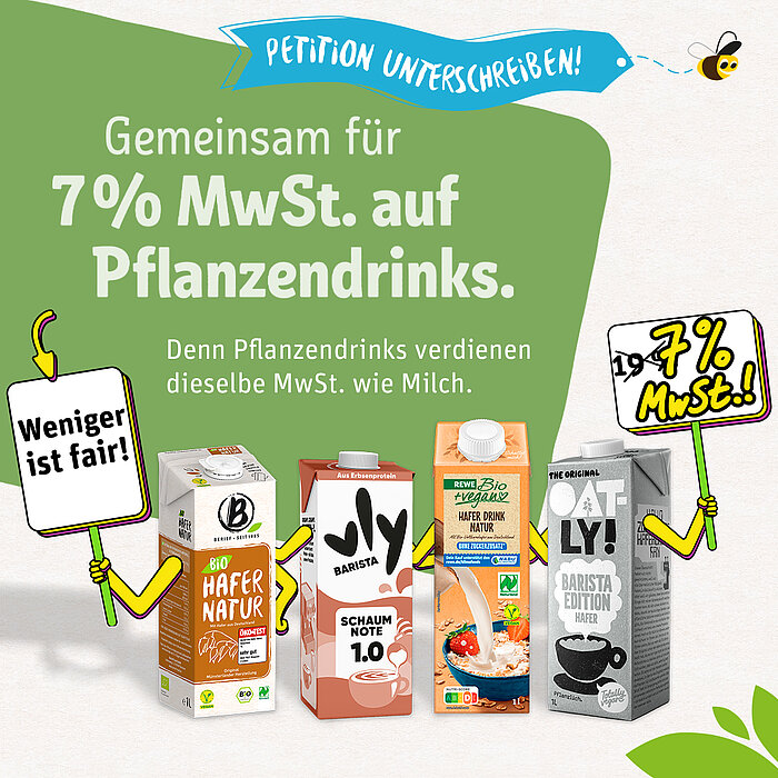 Petition Mehrwertsteuer-Senkung Symbolbild zur Petition für eine Mehrwertseuersenkung mit Getränkekartons, welche mit gezeichneten Armen Schilder dazu hochhalten