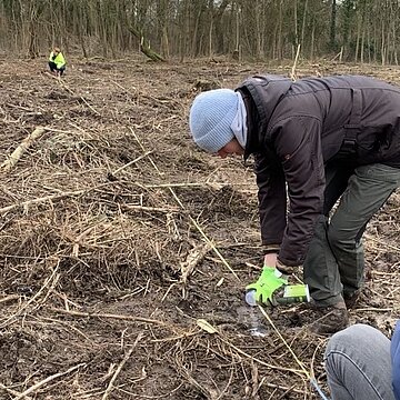 Über 9100 Bäume für Beckumer Wald Polaroid Eine Person bückt sich markiert eine Brache.