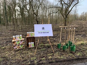 Über 9100 Bäume für Beckumer Wald Berief Plakat auf einem Aufsteller vor einem Wald mit Berief Getränkekartons im Hintergrund.