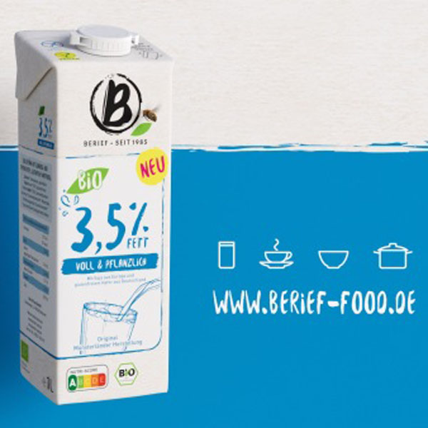 Berief wieder im TV Berief Getränkekarton vor blau-weißem Hintergrund