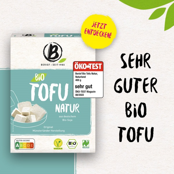 Öko-Test zeichnet Berief Bio-Tofu-Natur mit sehr gut aus Bio-Tofu in Verpackung