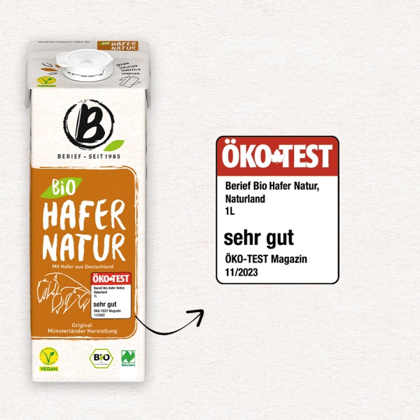 Bio-Hafer wurde ausgezeichnet Getränkekarton Hafer Natur vor weißem Hintergrund mit Hinwreis auf "Ökotest sehr gut".