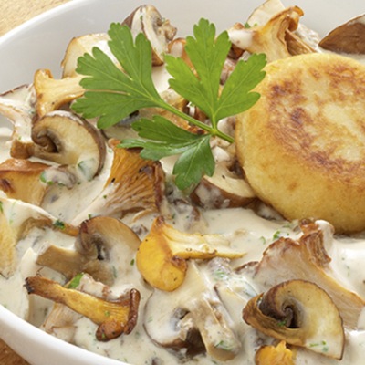 Waldpilzcreme mit Kartoffeltaler Helle Pilzsuppe mit einem Kartoffeltaler in einer Schüssel mit Petersilie.